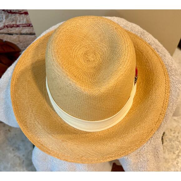 Vintage Styled By Coralie Cream Straw Hat Feather embellished Gambler Fedora - Picture 4 of 7